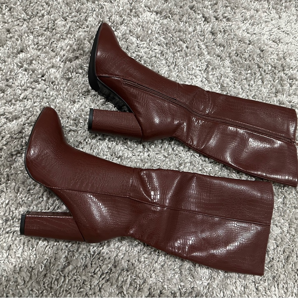 Brown Leather-Look Knee Boots - Women's High Heel Zip Boots